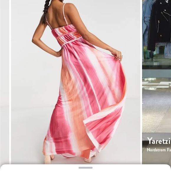 Asos Stripe Plissé Satin Maxi Dress Pink Multi Sz8 NWT - Picture 2 of 6